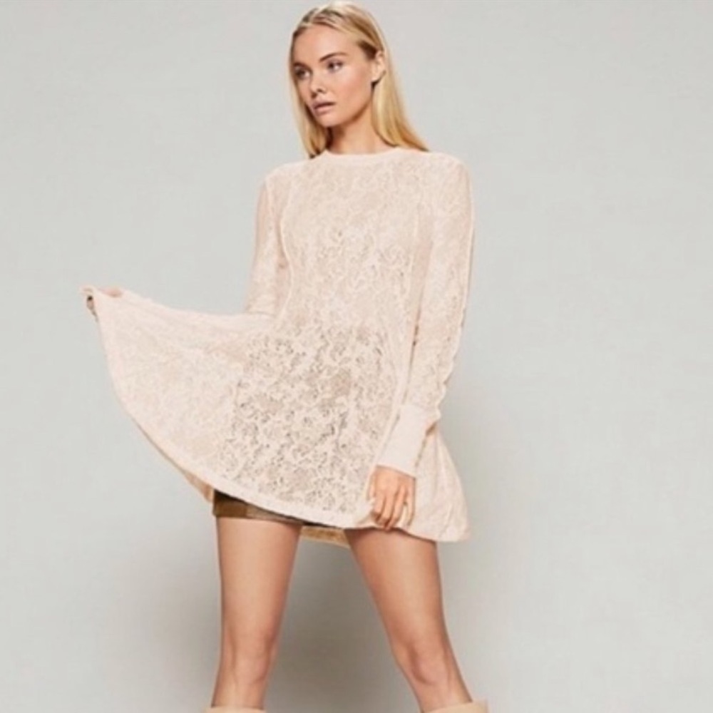 Free People Knit Fit & Flare Cream Long Sleeve Tunic Dress size Medium